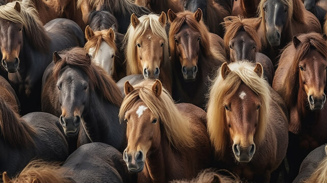 herd of horses close-up, many heads of horses background. Generative AI