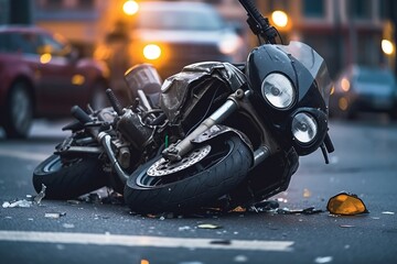 Motorcycle Traffic Accident: Broken Bike on the Street after Crash. AI - obrazy, fototapety, plakaty