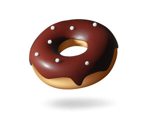 Glazed Donut with chocolate brown topping and sprinkles. Bakery sweet pastry food dessert, icing cakes with decoration. Vector illustration isolated on white background.