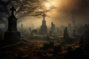 Ethereal scene: Mystic fog envelops ancient gravestones and crypts in an atmospheric graveyard, creating a hauntingly beautiful and evocative image of history and mystery. Generative AI