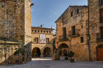 Horta de Sant Joan. Old town with church and town hall.Terra Alta, Tarragona province, Catalonia,Spain - obrazy, fototapety, plakaty
