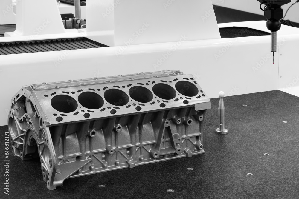 Poster coordinate measuring machine probe measure cylinder block of diesel engine repair. cylinder block, c