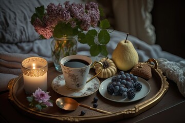 cozy breakfast tray with coffee, fruit, and a candle. Generative AI