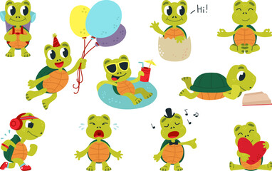 Cartoon cute turtles characters. Turtle funny swimming and move, walking and reading. Tortoise singing, childish classy animals vector set