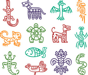 Maya aztec totem isolated elements. Signs idols of south america, eagle and fish. Tribal mexican abstract native icons. Classy vector decorations
