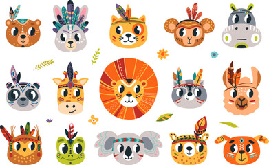 Obraz premium Tribal animals faces, doodle animal avatars boho style. Raccoon, cat and koala, cute panda and dog. Isolated children classy stickers vector elements