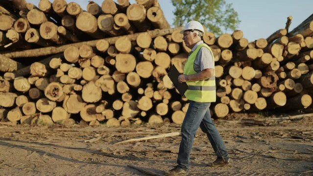 An inspector in a white helmet examines a pile of felled trees. Passes about felled trees. Checks the condition and size of the logs. They neatly lie on top of each other