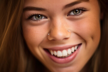 Fototapeta premium Close-up portrait photography highlighting the radiant smile and natural beauty of a happy individual. Generative AI