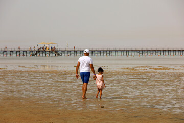Father leading child along the beach at low tide. Man with little girl on Red sea resort