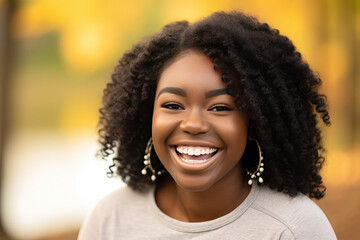 Close-up portrait photography highlighting the radiant smile and natural beauty of a happy individual. Generative AI
