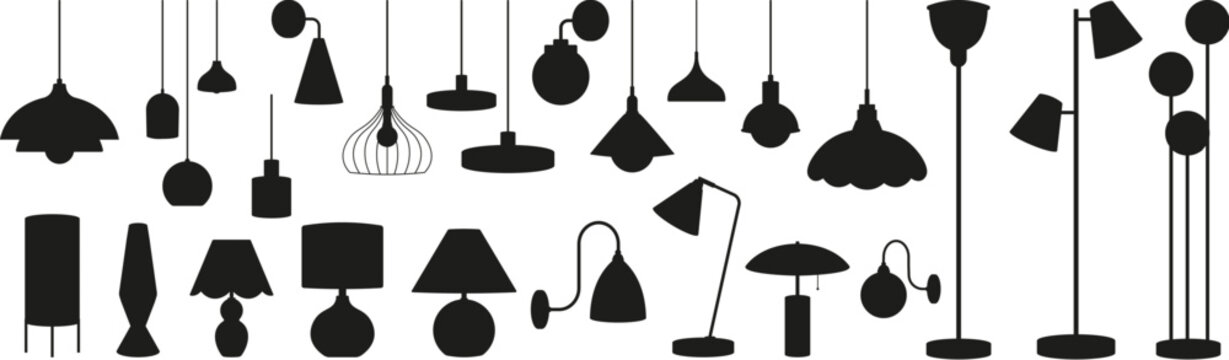 Lamp black silhouettes. Lighting home accessories, decorative modern floor wall lamps for work and decor. Lights elements vector clipart