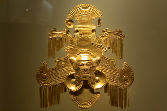 BOGOTA, COLOMBIA Beautiful ancient yotoco culture golden pectoral at bogota golden museum