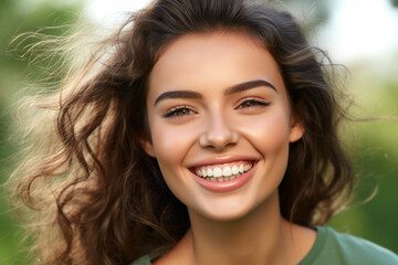 Fototapeta premium Close-up portrait photography highlighting the radiant smile and natural beauty of a happy individual. Generative AI