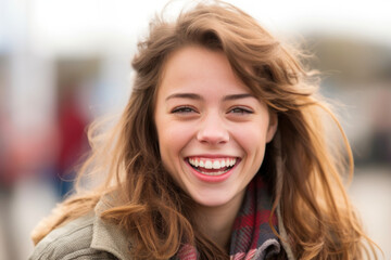Fototapeta premium Close-up portrait photography highlighting the radiant smile and natural beauty of a happy individual. Generative AI