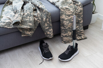 Soldier Artificial Prosthetic leg. War Veteran