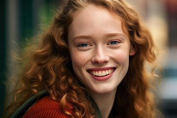 Obraz premium Close-up portrait photography highlighting the radiant smile and natural beauty of a happy individual. Generative AI