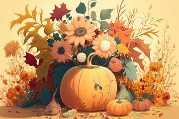 Naklejka na ściany i meble pumpkin with autumn leaves. Generative AI