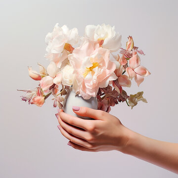Bouquet of pink flowers in hands on a gray background