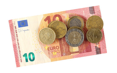 Ten euro paper note with metal coins, cents, cash money isolated on white, top view 
