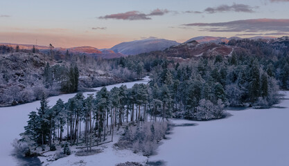 Frozen lake and trees at dawn