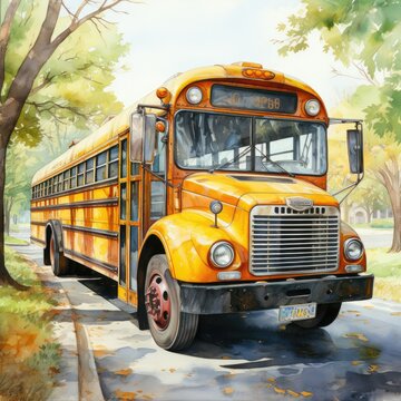Watercolor professional clip-art painting of a students yellow school bus Generative AI Illustration