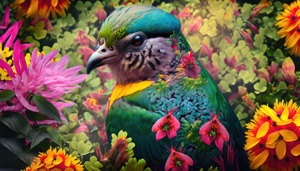 A tropical bird camouflaged among the vibrant flowers of its environment 