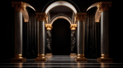 Arches in a black marble wall and columns with golden decor in a dark room. Generative AI