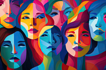 Colorful women face collage. Generative AI.