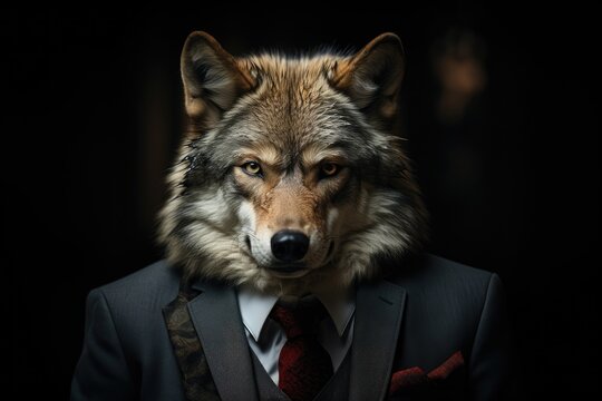 Portrait of a wolf dressed in a formal business suit