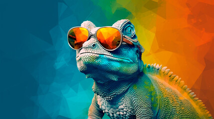 chameleon wearing sunglasses on a solid color background, vector art, digital art, faceted, minimal, abstract, panorama background. Generative AI