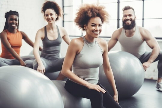 A group of happy, smiling mix race people practice pilates in the gym
