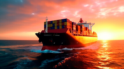 Big transport ship with containers with goods on the open sea. Generative AI