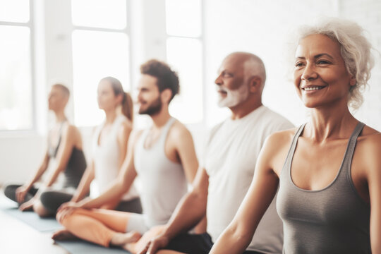 Group of mixed race smiling people practicing yoga in the gym