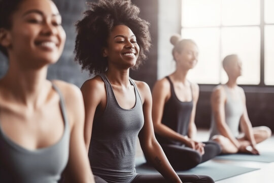 Group of mixed race smiling people practicing yoga in the gym