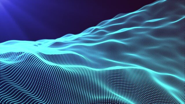 Abstract blue digital waves on dark background with soft light rays. Digital sea particle waves background. Best for big screens, presentations, business, screen savers. Perfect loop, 4k.