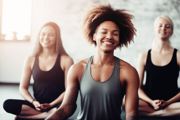 Fototapeta na wymiar Group of mixed race smiling women practicing yoga in the gym