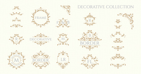 Set of decorative elements in classical style. Floral ornamental monogram frames and borders.