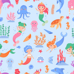 Cartoon mermaid pattern. Mermaids seamless wallpaper for childish clothes or paper print, repeat fairy cute girl sea animals in ocean, kids textile ingenious vector illustration