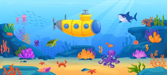 Cartoon underwater submarine. Marine under water boat in deep ocean world, funny bathyscaphe exploration of sea bottom reef aquatic wildlife adventure ingenious vector illustration