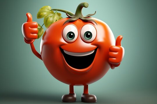 A cheerful cartoon tomato giving a double thumbs-up gesture, Generative Ai