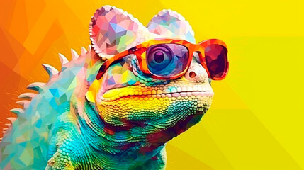 chameleon wearing sunglasses on a solid color background, vector art, digital art, faceted, minimal, abstract, panorama background. Generative AI - obrazy, fototapety, plakaty