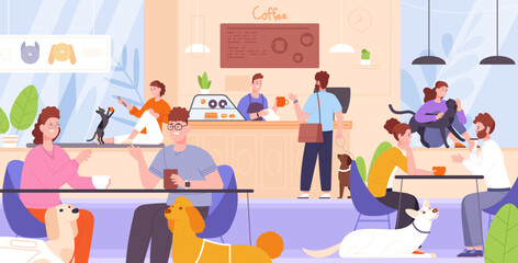 Pet friendly cafe. People friends pets owners eating lunch drinking in restaurant, couple with puppy dog or cat conversation at coffee shop for animals vector illustration