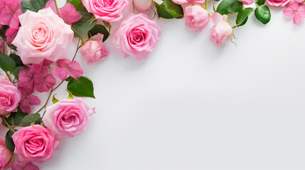 Fototapeta na wymiar Decorative web banner. Close up of blooming pink roses flowers and petals isolated on white table background. Floral frame composition. Empty space, flat lay. Generative AI