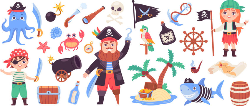 Childish pirate set. Cartoon cute kid pirates carnival costume, kid sailor captain character sea adventure island treasure chest parrot pirats bird, ingenious vector illustration