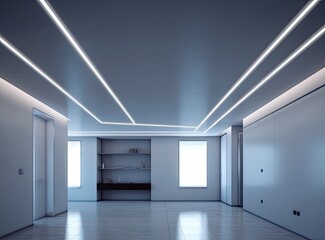 suspended ceiling with halogen spots lamps and drywall construction in empty room in apartment or house. Stretch ceiling white and complex shape. Created with Generative AI technology. - obrazy, fototapety, plakaty