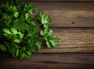 On a dark wooden table, a bunch of green fresh fragrant parsley before adding to food for taste and smell. Created with Generative AI technology.