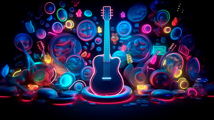 colorful neon background musical style theme abstract musical instruments 3d layout. Generative AI
