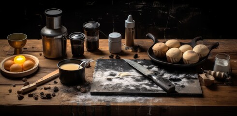 Baking ingredients on a dark wood background. Created with Generative AI technology.