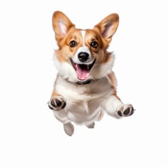 Jumping Corgi Dog. Isolated on Caucasian, White Background. Generative AI.