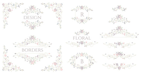 Floral monograms and borders, frames for cards, invitations, menus, labels. Classic ornament. Graphic design pages. Color design.